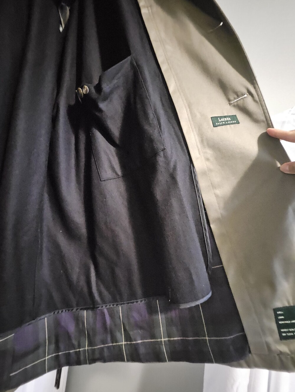 Vintage 90s Lauren Ralph Lauren Khaki Double Breasted Trench Coat 48R Wool Liner - Picture 15 of 16